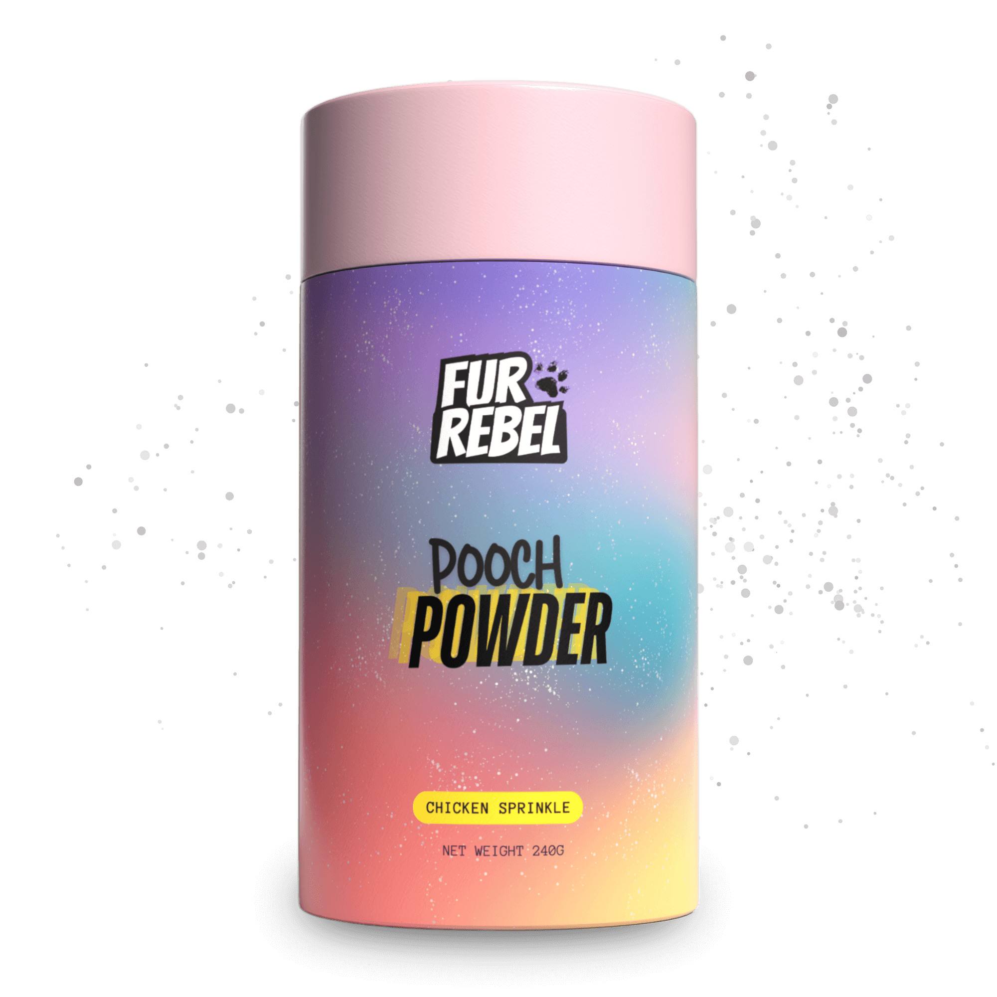 Fur Rebel Pooch Powder container with gradient design on a black background