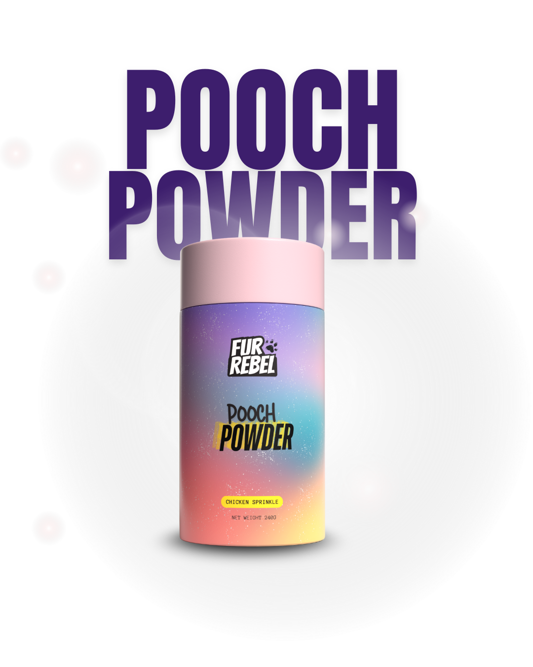 Tube of Fur Rebel Pooch Powder with colorful label on a white background