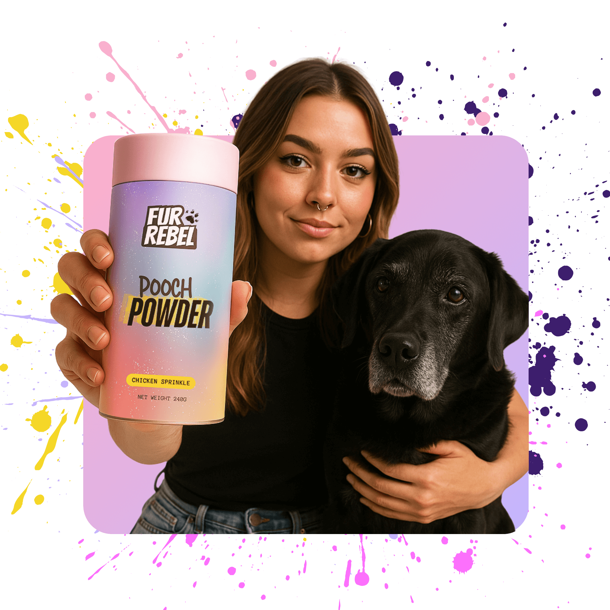 Woman holding a black Labrador dog and a container of fur rebel Pooch Powder with colorful splashes on a dark background