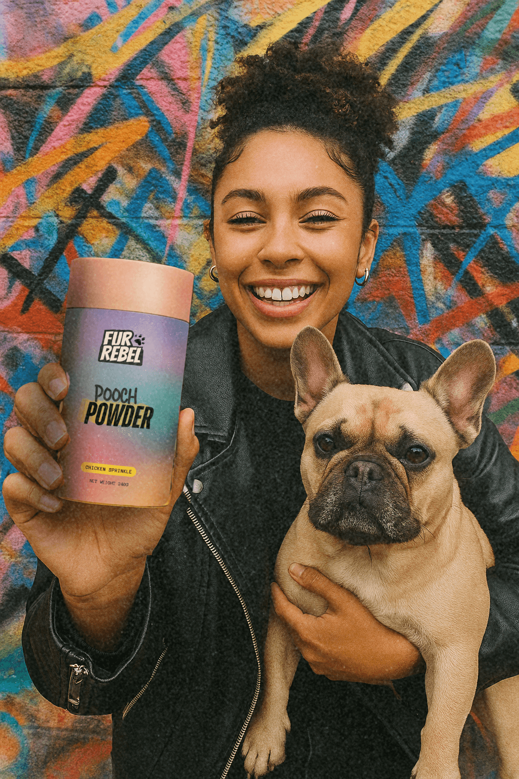 Woman holding a dog and a container of Fur Rebel pooch powder against a colorful graffiti wall.