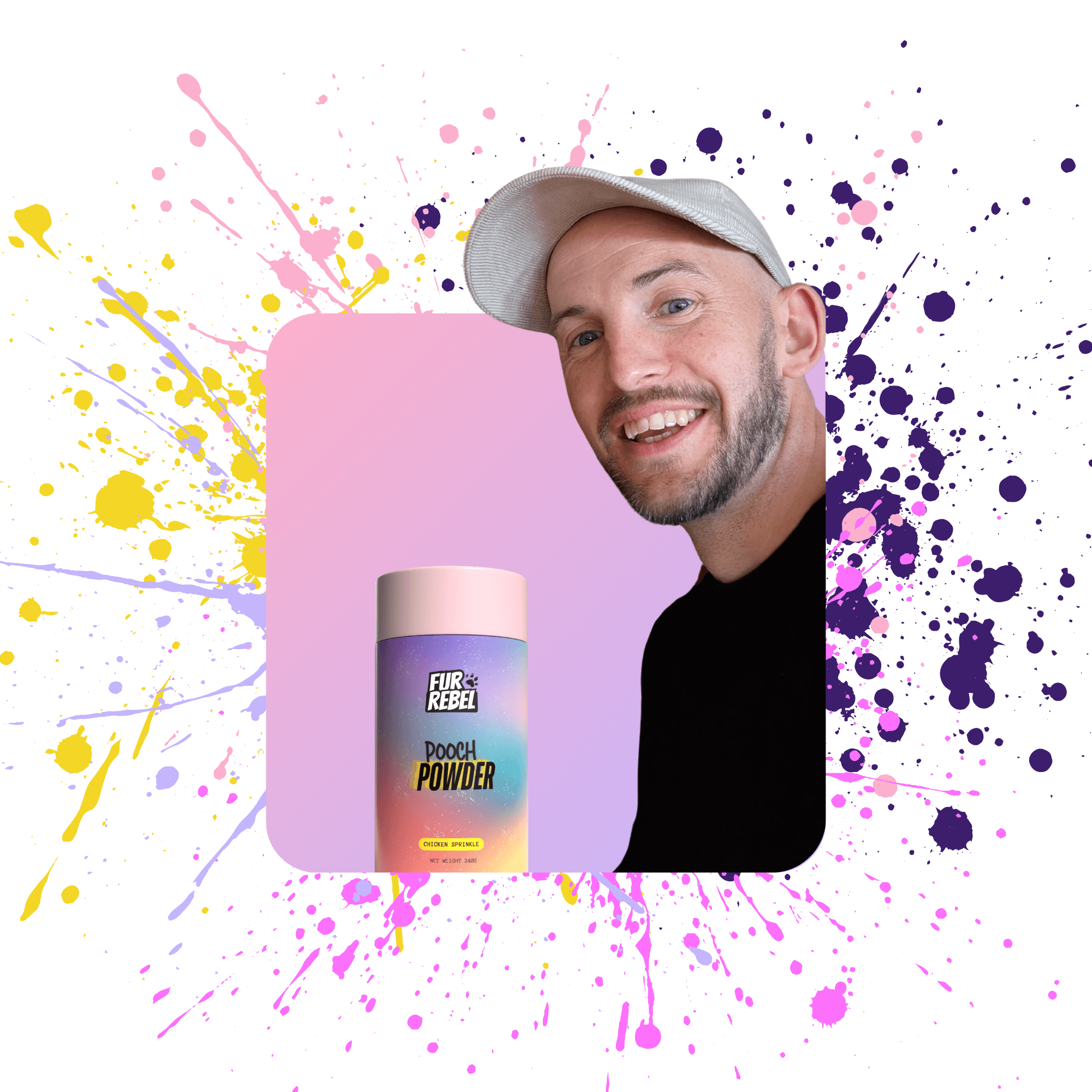 Fur rebel founder man with a cap next to a product container with colorful splashes on a black background