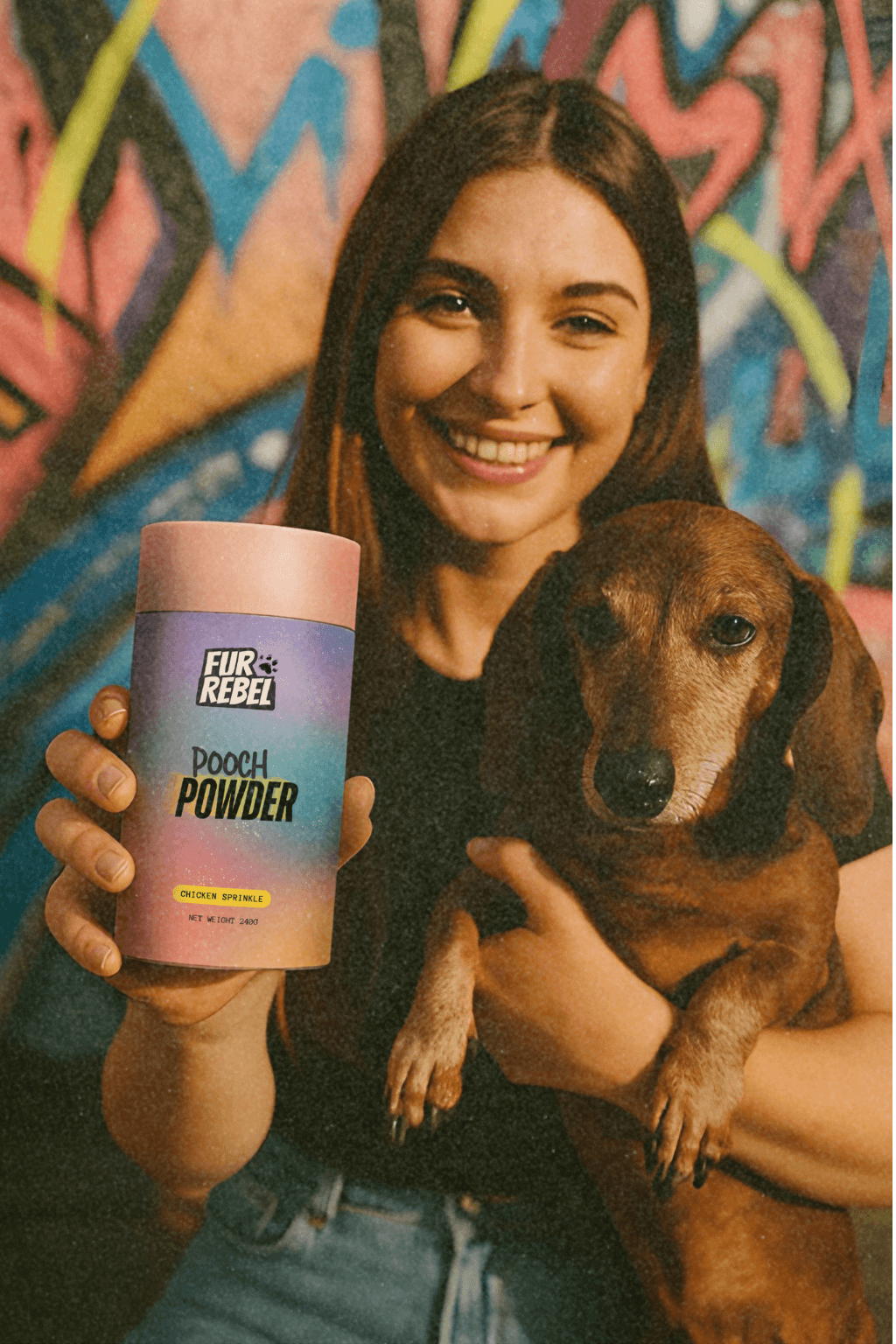 Woman holding a container of Fur Rebel Pooch Powder dog supplement and a small dog in front of a graffiti-covered wall.