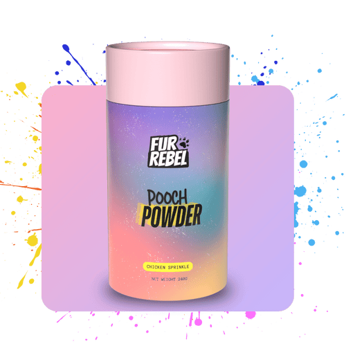 Fur Rebel Pooch Powder dog supplement container with colorful splashes on a black background