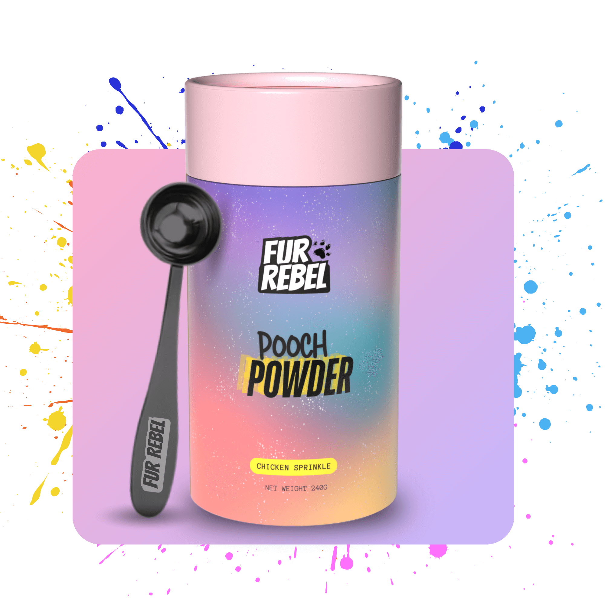Fur Rebel Pooch Powder container with a spoon on a colorful splatter background