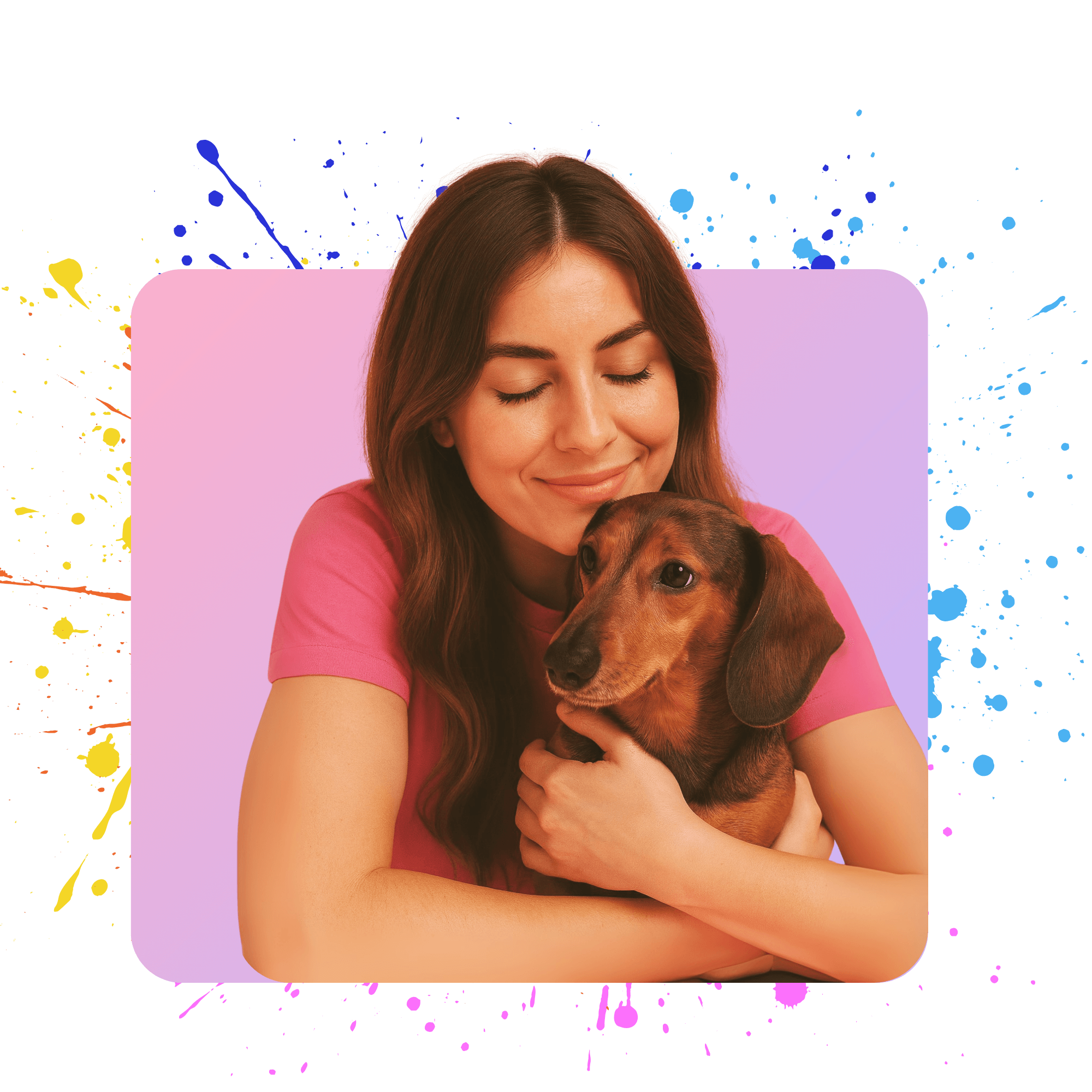 Woman holding a dog with colorful splashes on a black background