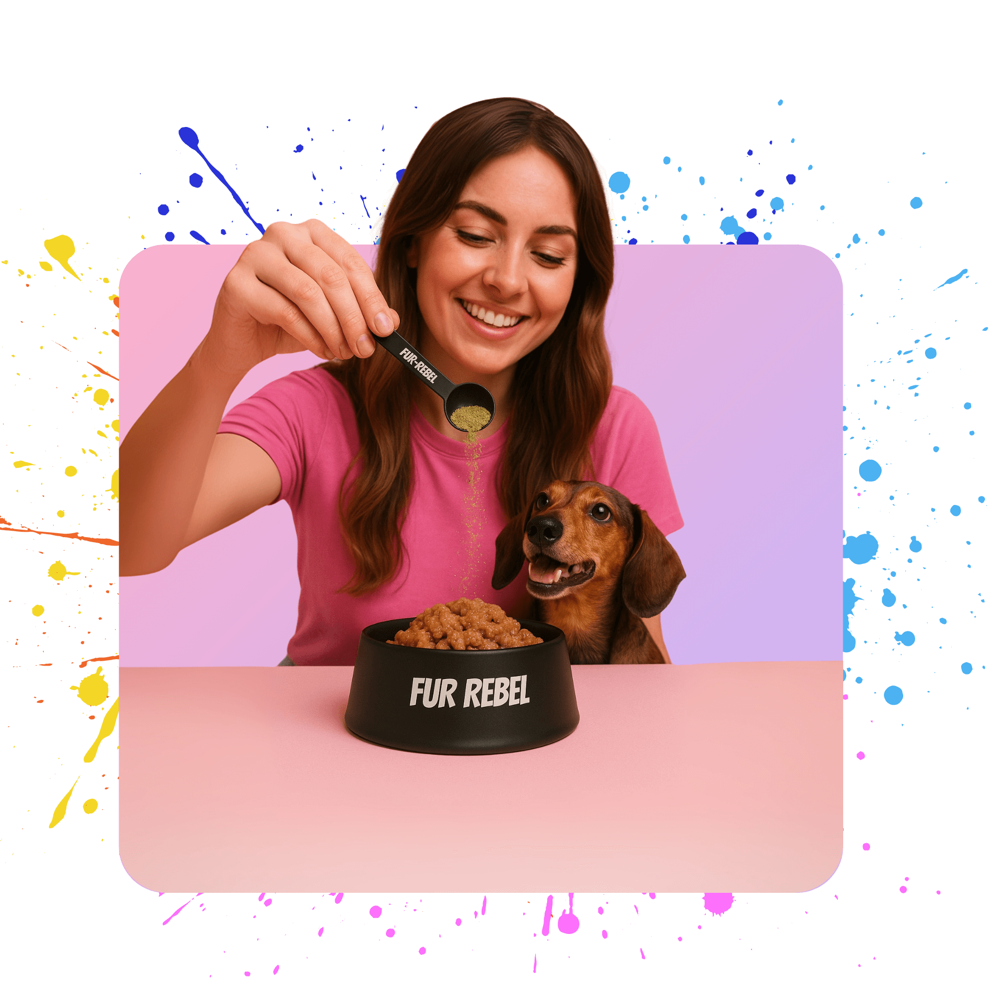 Woman pouring powder into a dog bowl  labeled 'FUR REBEL' with dachshund with colorful splashes on a black background